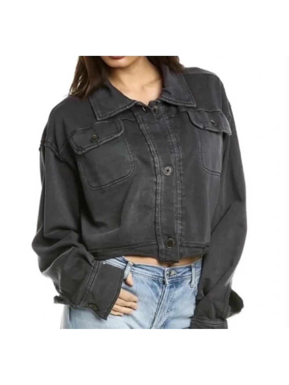 Free People Cropped Washed Black Button Front Jacket